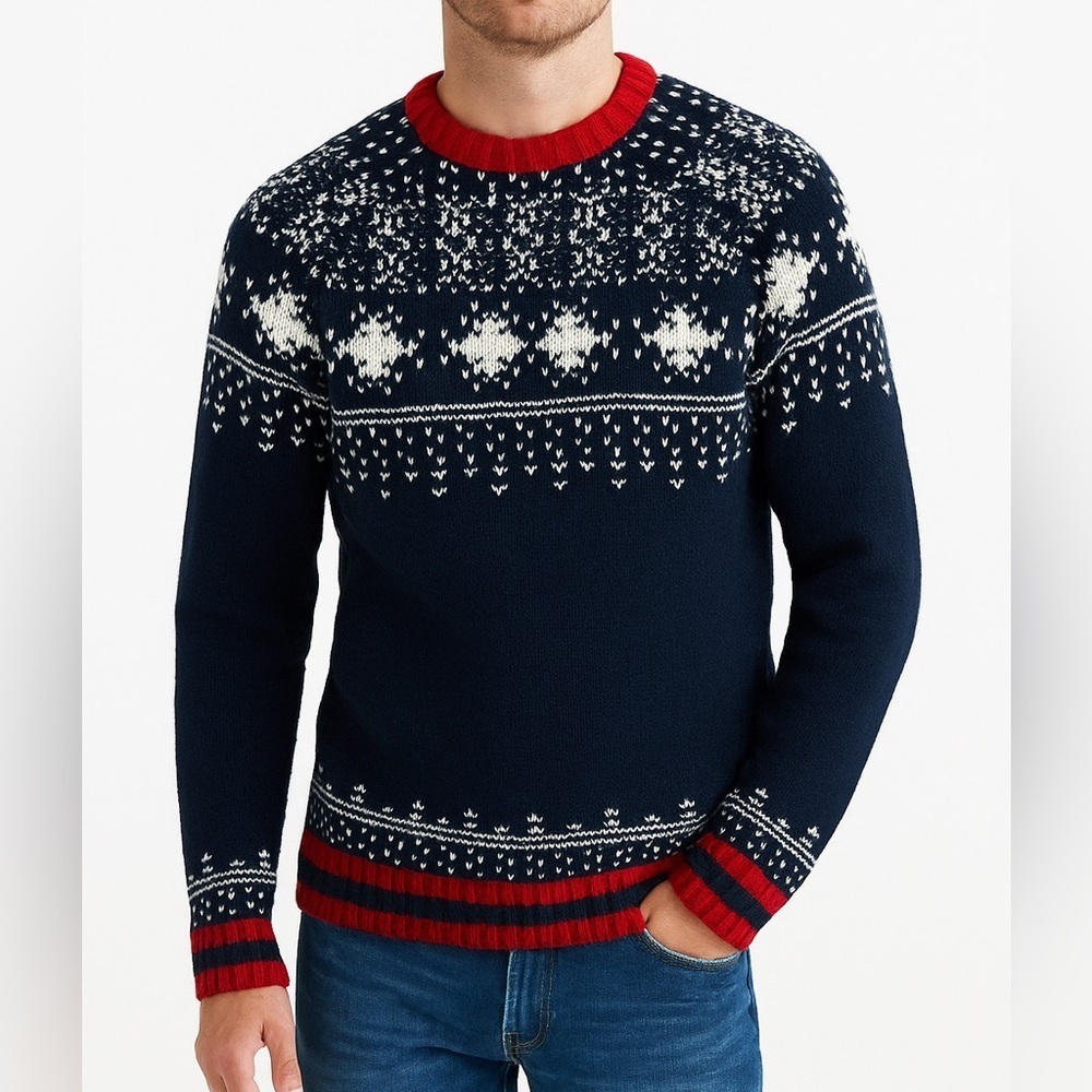 H&M Sweater Men’s XS Navy and Red Fair Isle Men's Sweater‎ Acrylic Wool Blend